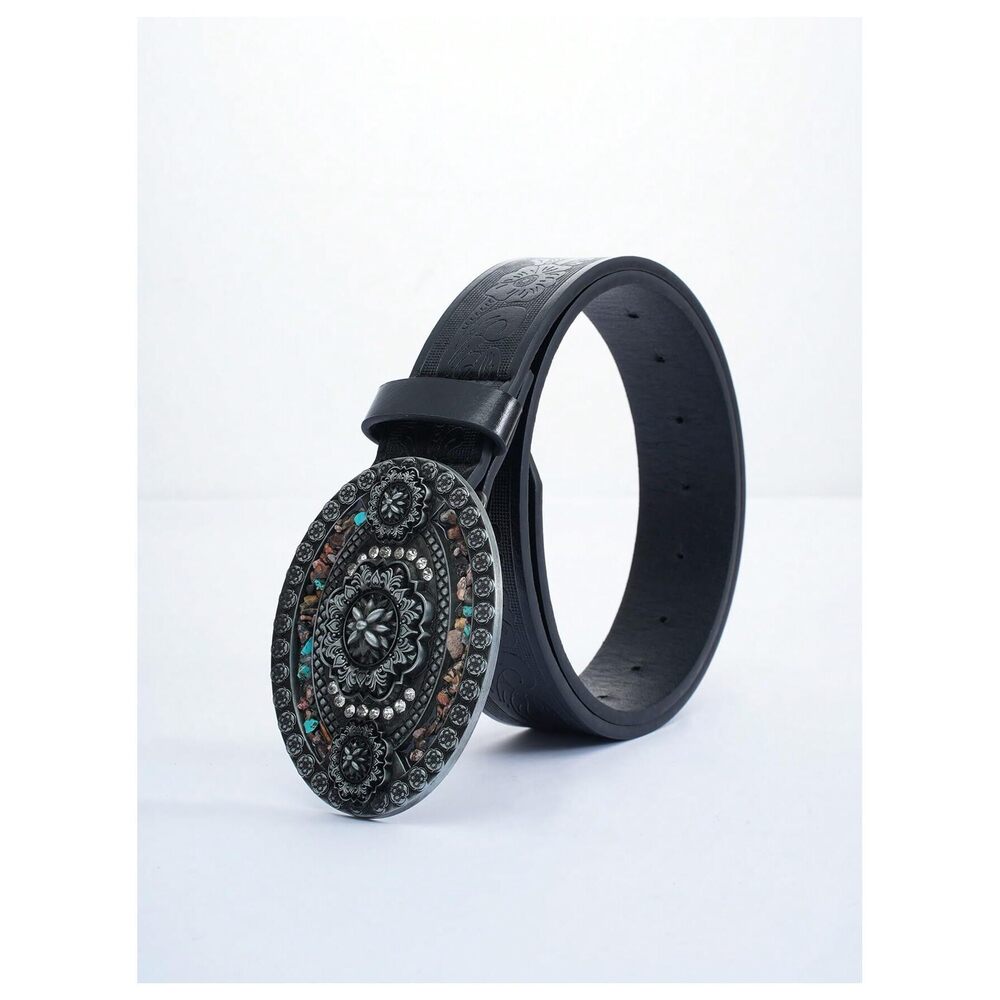 9895 Women's Rhinestone Buckle Belt Floral Embossed Turquoise Leather - Picture 3 of 5